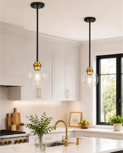 Miniatura 29 de Luces Colgantes de Latón para Isla de Cocina Paquete de 2, Luz Colgante Dorada Estilo Granja con Pantalla de Globo de Vidrio Transparente