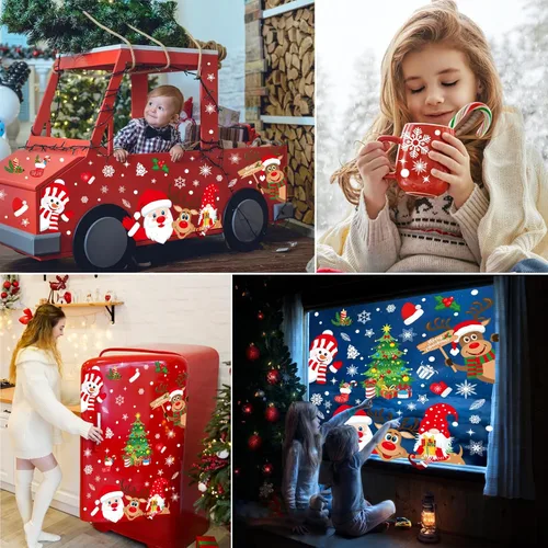 Miniatura 4 de Calcomanías navideñas para ventana, 267 unidades, reutilizables, de doble cara, impresas, autoadhesivas, decoración de ventana, Papá Noel, alce
