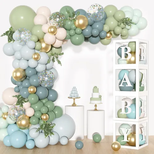 Miniatura 8 de 153 piezas de decoración de baby shower azul polvoriento para niño, kit de arco de globos azules con letra (A-Z+Bebé) para suministros de fiesta