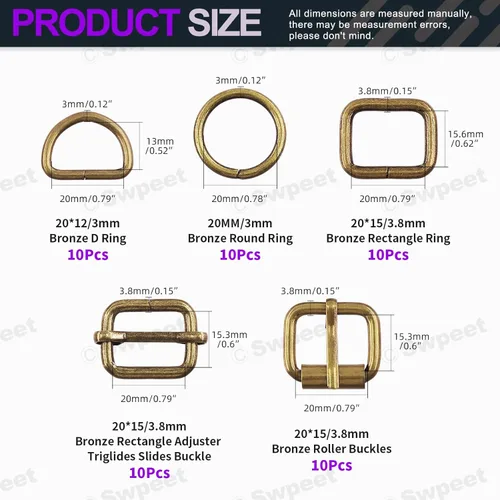 Miniatura 2 de Swpeet Hebillas de metal de 5 estilos: deslizante ajustable, anillo D, anillo circular Bronce
