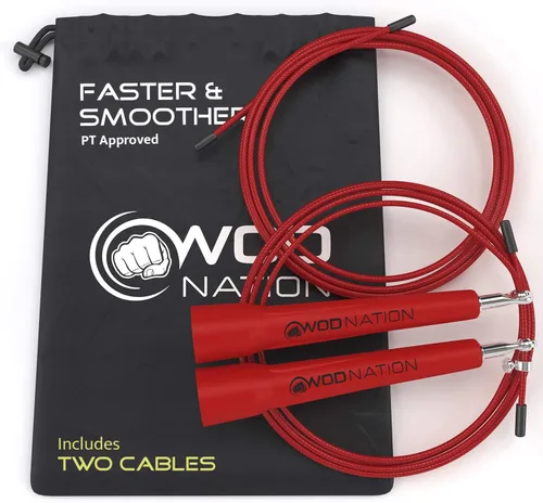 WOD Nation Cuerda de saltar de velocidad ajustable para hombres, mujeres y niños - Cuerda de saltar de fitness ultrarrápida perfecta para boxeo, Rojo