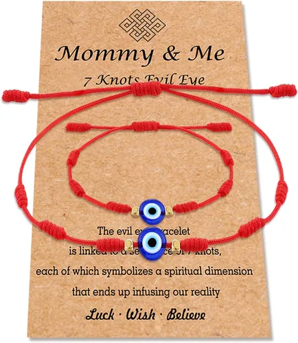 PPJew Pulsera de 7 nudos contra el mal de ojo rojo, pulseras de protección para mamá y mí, juego de pulsera a juego de amuleto para mujeres y niñas