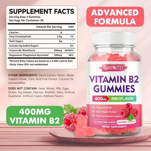Miniatura 2 de MEENCCD Paquete de 2 gomitas de vitamina B2, riboflavina, suplemento de 400 mg con magnesio para niños y adultos, gomitas B2 para alivio