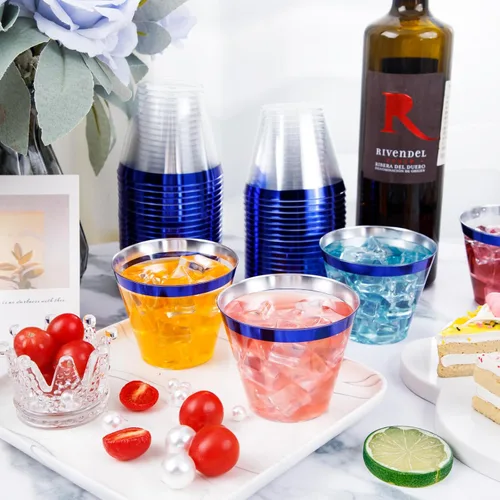 Miniatura 2 de DaYammi 120 Piezas Vasos de Plástico Azul de 9 Oz Vasos de Fiesta de Plástico Transparente Desechables con Borde Azul Copas de Vino Desechables