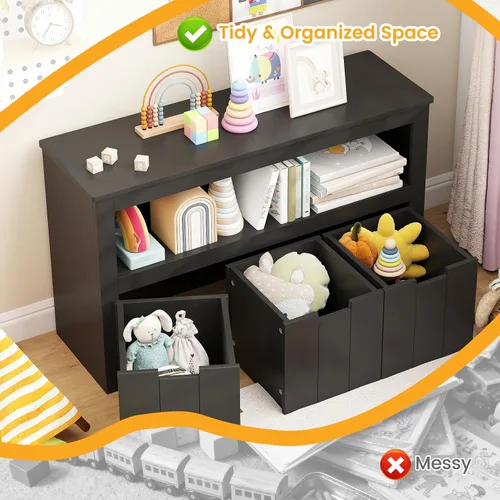 Miniatura 8 de HONEY JOY Organizador de almacenamiento de juguetes para niños, estante de guardería para niños, 3 cajas de juguetes de madera con ruedas, armario