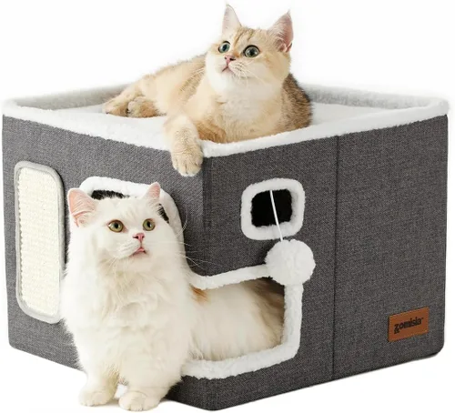 Miniatura 8 de ZOMISIA Casa Extra-Ancha para Gatos de Interior – Casa Grande para Gatos para Mascotas con Pompón Colgante y Almohadilla Rascadora, Refugio Plegable