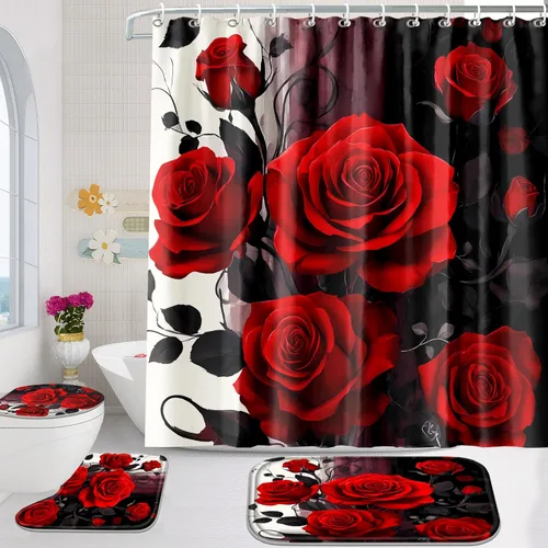 Miniatura 15 de Poedist Juego de 4 cortinas de ducha de baño, juego de cortina de baño con rosas azules, juegos de cortinas de ducha con alfombras
