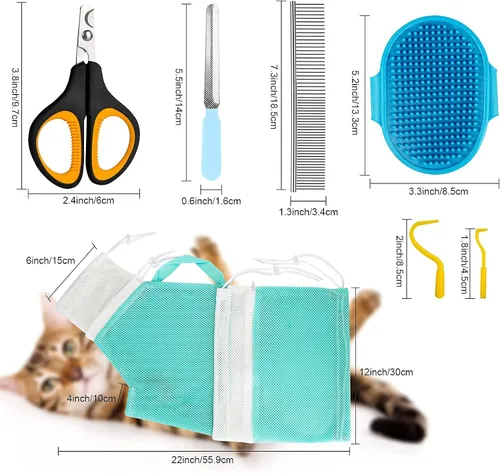 Miniatura 7 de Juego de 8 bolsas de baño para gatos con bolsa de red de ducha para gatos, cepillo ajustable para aseo de mascotas, cortaúñas, lima de uñas, peines