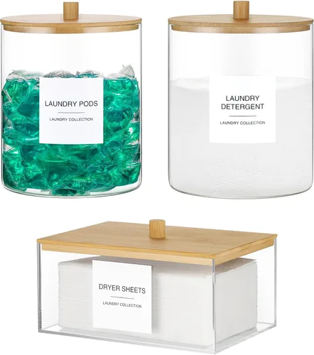 Miniatura 8 de Paquete de 3 tarros de vidrio y soporte acrílico para secadora, contenedor de cápsulas de lavandería con tapa de bambú y tazas medidoras