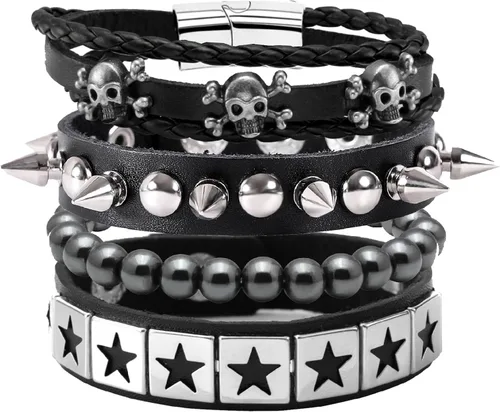 Miniatura 7 de MILAKOO Juego de 4 pulseras de estilo gótico con hebilla de calavera y estrella, ajustable, joyería punk vintage