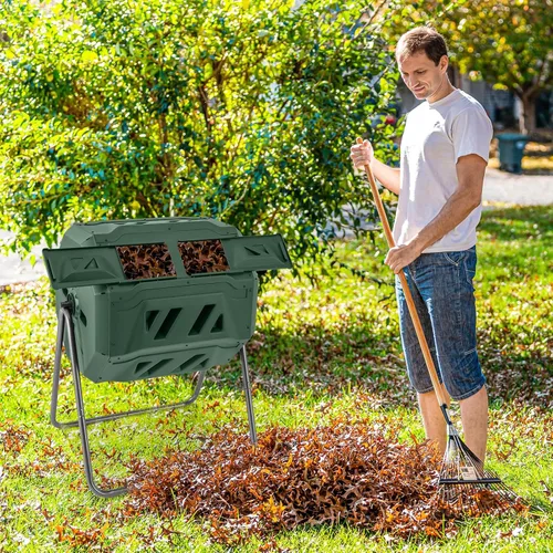 Miniatura 2 de Goplus Contenedor de compostaje de doble cámara para exteriores de 42 galones con 2 puertas corredizas, marco de metal resistente, compostador