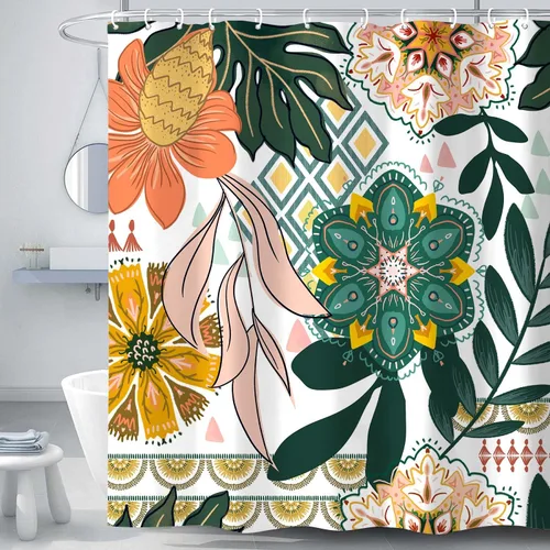 Miniatura 3 de Torich Cortina de ducha floral bohemia, abstracta de mediados de siglo, decoración bohemia, cortinas de baño, flores botánicas, hojas tropicales