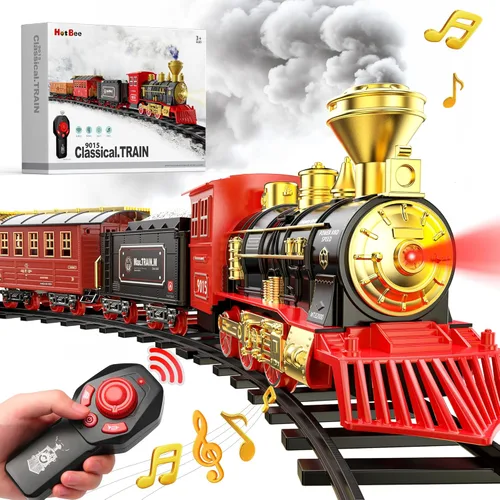 Miniatura 9 de Hot Bee Juego de tren – Juguetes de tren para niños con humo, luces y sonido, pistas, tren de juguete con locomotora de vapor, coches de carga