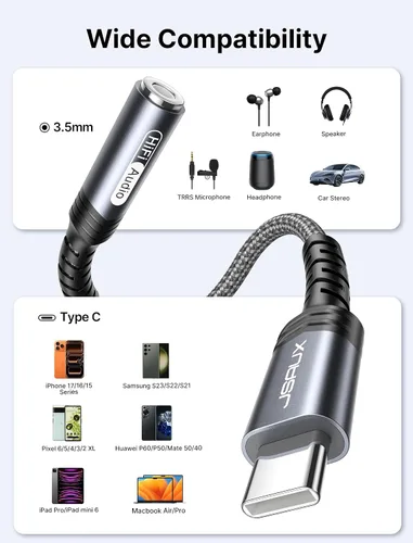 Miniatura 5 de JSAUX Adaptador USB C a conector de audífonos hembra de 6/64" (3.5 mm) para audio auxiliar, compatible con Samsung Galaxy S23, S23+, S23 Ultra, S22