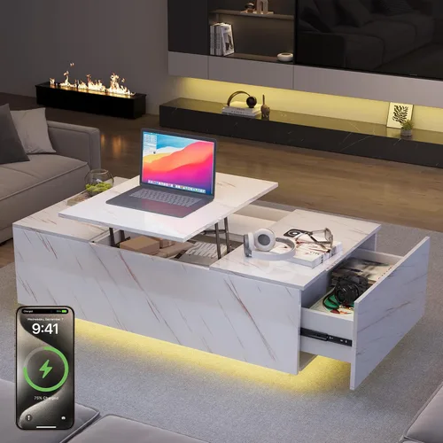 Mesa de centro LED, mesas de centro elevables de 47.2 pulgadas con cajones y gran almacenamiento, mesa inteligente para sala de estar con carga