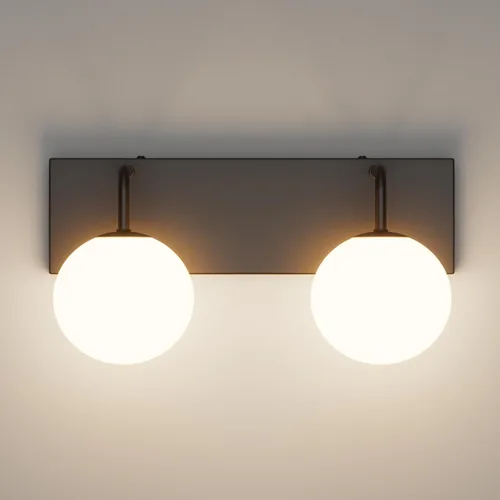 Tipace Lámpara de tocador negra, 2 luces modernas sobre espejo con globo blanco leche blanca para baño (excluye bombilla)