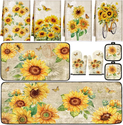 Fourluoo Juego de 10 toallas de cocina de girasol, guantes de horno y soportes para ollas, juego de decoración de cocina de granja para mujeres,