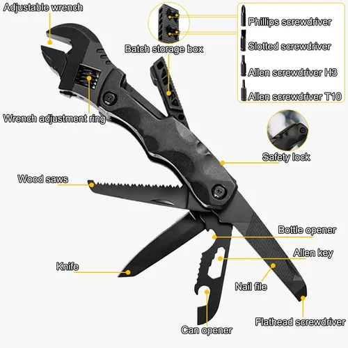 Miniatura 3 de Llave multiherramienta, llave ajustable con destornillador Phillips de cabeza plana, lima de uñas, abrelatas de botellas, depósito de Gris