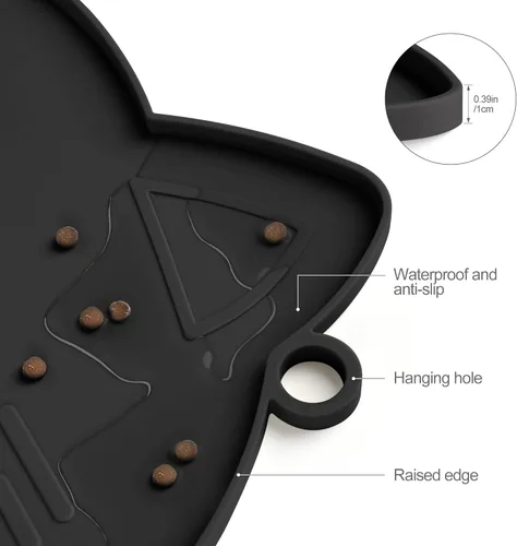 Miniatura 3 de Coomazy Tapete de comida para gatos, tapete de alimentación para perros más grueso para alimentos y agua, tapete de silicona antideslizante Negro
