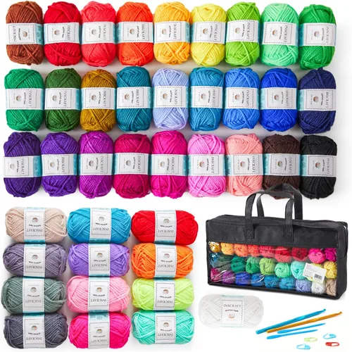 INSCRAFT Kit de 48 hilos de ganchillo de 1400 yardas, 40 colores, madejas de hilo acrílico, 2 ganchos, 2 agujas de tejer, 4 marcadores de puntada, 1