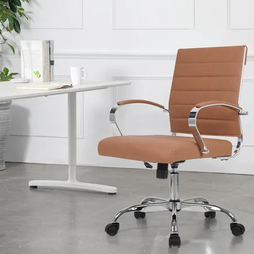 Miniatura 7 de LANDSUN Silla de oficina en casa, silla de escritorio con respaldo medio, silla giratoria ejecutiva acanalada de piel sintética con ruedas