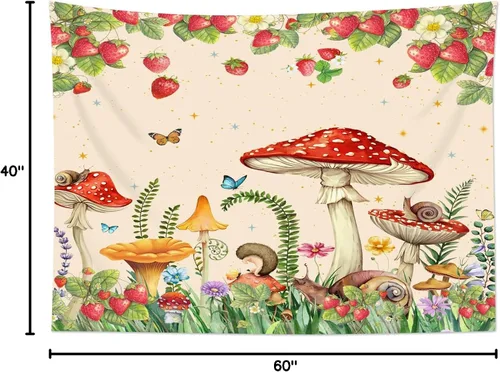 Miniatura 8 de HVEST Tapiz retro rojo de hongos para colgar en la pared, diseño floral rosa con fresa y mariposa en beige, tapiz para dormitorio, flores, plantas