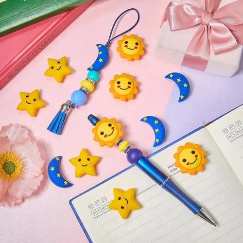 Miniatura 4 de 12 cuentas de silicona 3D Sun para hacer llaveros focales a granel, estrellas y luna, cuentas focales para bolígrafos, cordones, pulseras, joyas