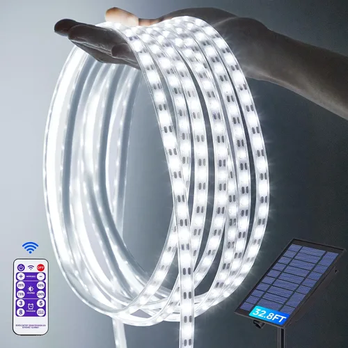 Miniatura 9 de Tira de luces solares impermeables para exteriores, 16.4 pies, 300 luces LED solares y alimentadas por USB, con control remoto, tiras LED blancas