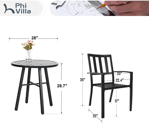 Miniatura 6 de PHI VILLA Juego de comedor de 3 piezas para patio al aire libre, mesa redonda de metal con listones y 2 sillas de patio, juego de muebles de Negro