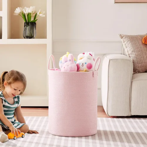 Miniatura 2 de 15Dx20H pulgadas Cesta de lavandería grande rosa para niños, cesta de lavandería de cuerda tejida para guardería, para habitación de niñas, Rosa1