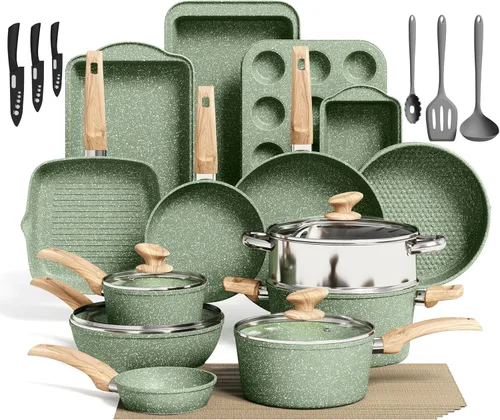 Miniatura 13 de Kitchen Academy Juego de utensilios de cocina de inducción de 17 piezas con plancha, ollas y sartenes de granito verde antiadherentes, juego