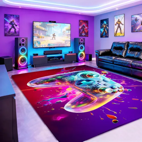 Miniatura 8 de Alfombra de área de juegos neón de 3 x 5 pies para habitación de niños, alfombra colorida de control de juegos para decoración de habitación