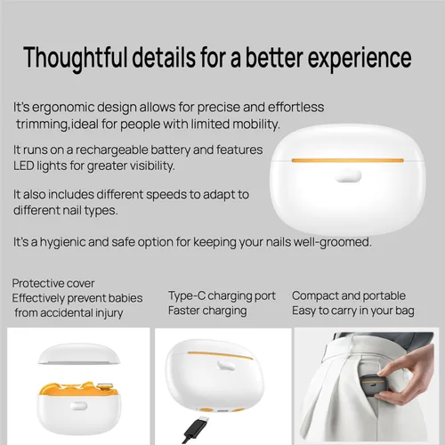 Miniatura 8 de Cortaúñas eléctrico recargable para bebés, amoladora con luz LED y receptor antisalpicaduras, lima de uñas eléctrica ultra silenciosa para bebés