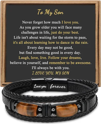 Miniatura 24 de Regalos únicos para hombres, pulsera de cuero para hombres, papá, novio, hijo, nieto, hermano, te amo para siempre, piedra ojo de tigre, día