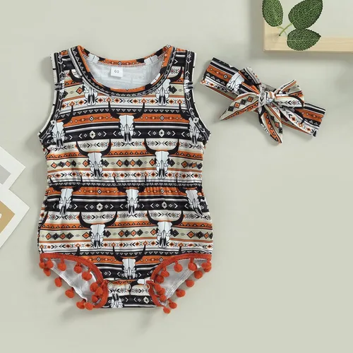 Miniatura 2 de Karuedoo Ropa occidental para bebé niña, con estampado de vaca, sin mangas, con pompones, traje de una pieza con diadema