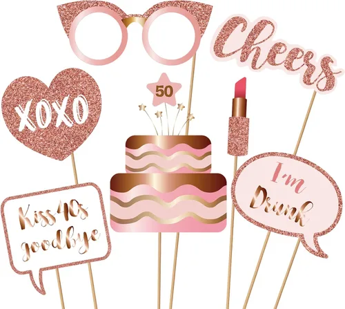 Miniatura 5 de Accesorios y letreros para cabina de fotos de fiesta de cumpleaños número 50, color oro rosa 50, kit de accesorios para selfies con palos para niñas