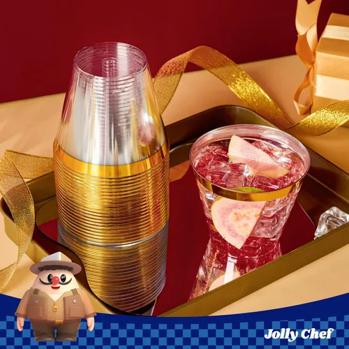 Miniatura 7 de JOLLY CHEF Paquete de 100 Vasos de Plástico Dorado, Tumblers de Plástico Transparente de 9 oz, Elegantes Vasos con Borde Dorado, Vasos Desechables