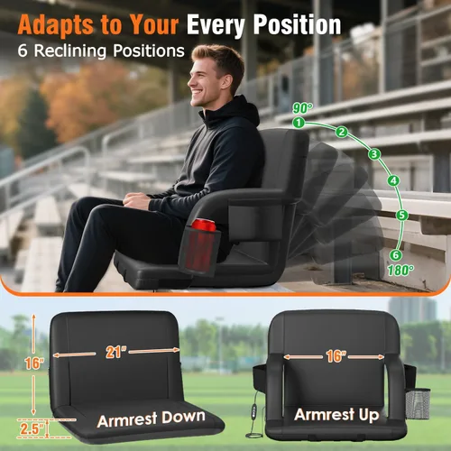 Miniatura 2 de Suteck Dual-Side Heated Stadium Seats with Back Support, Wide Portable Stadium Chair, Foldable Bleacher Chair W/USB 3-Level Heating, 5 Storage