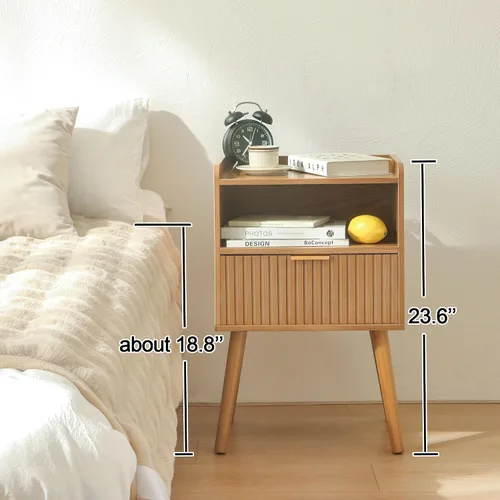 Miniatura 3 de AWASEN Mesita de noche acanalada, mesita de noche moderna de mediados de siglo con cajones de almacenamiento, mesita de noche de madera maciza