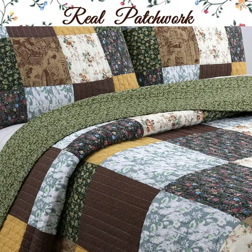 Miniatura 2 de Cozy Line Home Fashions - Juego de ropa de cama reversible de 100% algodón con patchwork real cosido a mano, color mostaza amarilla, estilo granja