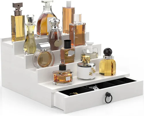Miniatura 12 de Organizador de colonia upcessory para hombres, organizador de perfume de madera negra de 4 niveles con cajón forrado de fieltro y compartimento