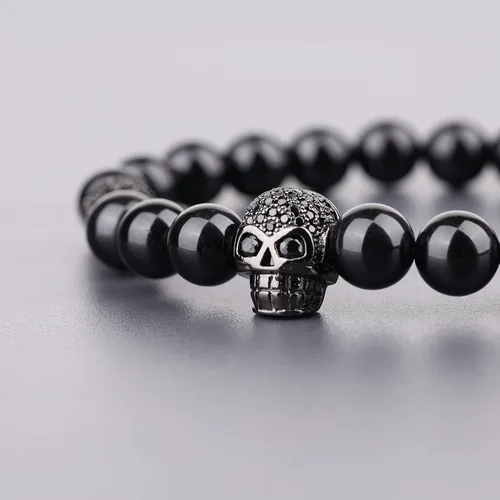 Miniatura 6 de COAI Pulsera de piedra de obsidiana brillante de plata con calavera