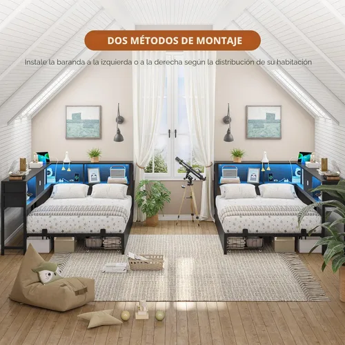Miniatura 8 de DICTAC Marco de cama esquinero con 2 cajones de almacenamiento y cabecero de estantería individual XL, marco de cama de plataforma de metal con Negro