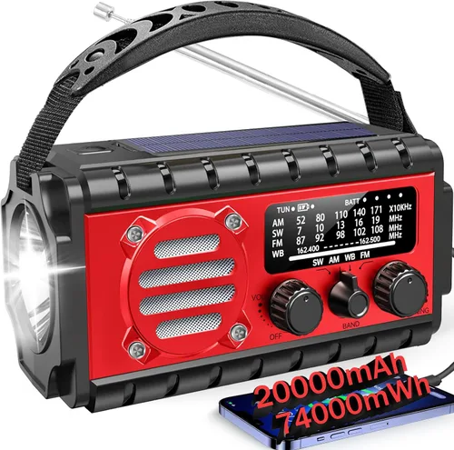 Miniatura 8 de Aivica Radio de Emergencia de 20000mAh, Radio Meteorológica SW/NOAA/AM/FM, Cargador de Manivela Solar con Batería Grande, Portátil, Carga