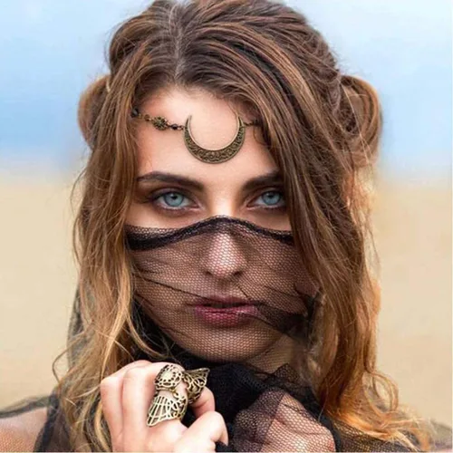 Miniatura 2 de Diadema de bruja con diseño de luna para mujer, corona de hada de elfo, disfraz de frente gitana vikinga, diadema bohemia luna dorada