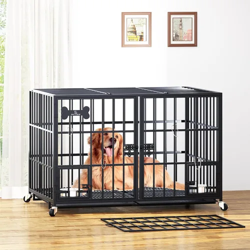 Miniatura 6 de aboxoo Jaula XL de 48/42 pulgadas para perros grandes/perros dobles medianos, jaulas de metal resistente, parte superior abierta de metal, perrera