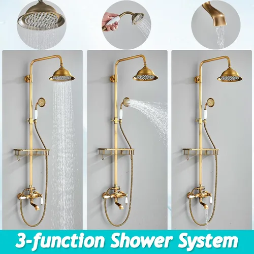 Miniatura 4 de Sistema de ducha de latón antiguo, accesorios de ducha para exteriores con cabezal de ducha de lluvia de 8 pulgadas y asas cruzadas dobles para baño