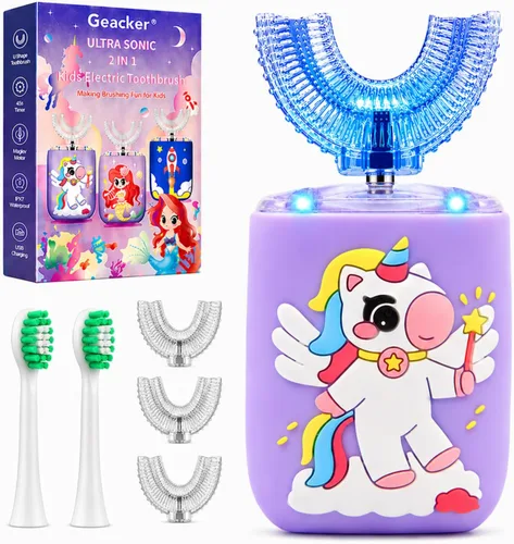 Cepillo de dientes eléctrico en forma de U para niños pequeños con 5 cabezales de cepillo, diseño de unicornio de dibujos animados, limpieza de boca