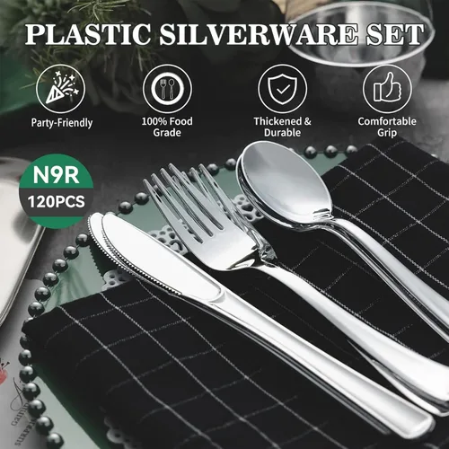 Miniatura 3 de N9R 120 Piezas Cubiertos de Plástico Plateado, Juego de Cubiertos de Plástico Plateado Cubiertos Desechables Vajilla - 60 Tenedores, 30 Cucharas, 30