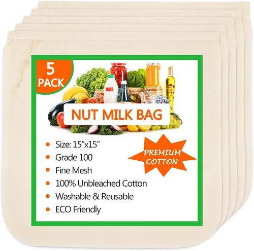Miniatura 8 de Paquete de 3 bolsas de leche de nuez de 15 x 15 pulgadas, bolsas de estopilla para colar, reutilizables, 100% tela de algodón sin blanquear, colador